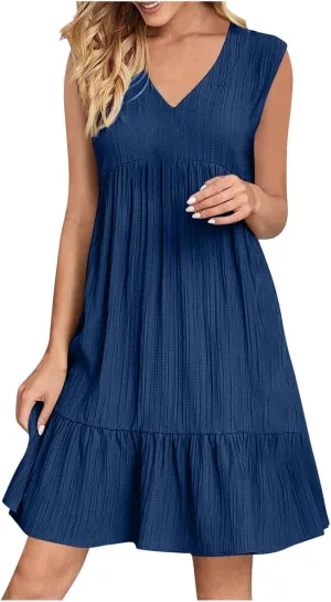Summer Dresses for Women 2025 Vacation Sleeveless V Neck Dress Loose Summer Pleated Swing Flowy Sundress