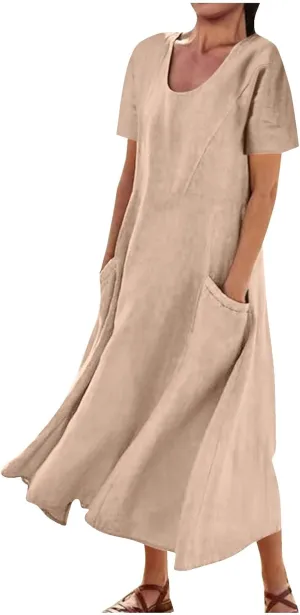 Summer Linen Dresses for Women 2025 Short Sleeve Round Neck Beach Vacation Casual Maxi Dresses Sun Dress with Pockets