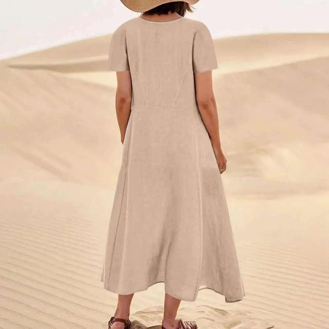 Summer Linen Dresses for Women 2025 Short Sleeve Round Neck Beach Vacation Casual Maxi Dresses Sun Dress with Pockets