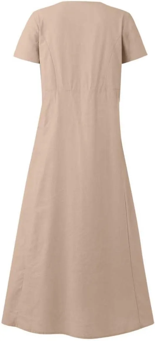 Summer Linen Dresses for Women 2025 Short Sleeve Round Neck Beach Vacation Casual Maxi Dresses Sun Dress with Pockets