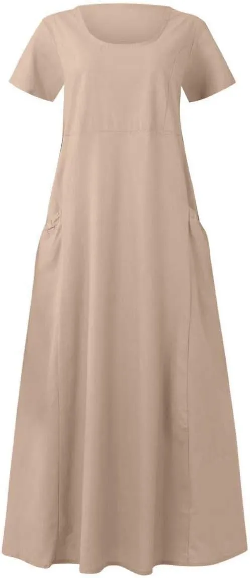Summer Linen Dresses for Women 2025 Short Sleeve Round Neck Beach Vacation Casual Maxi Dresses Sun Dress with Pockets