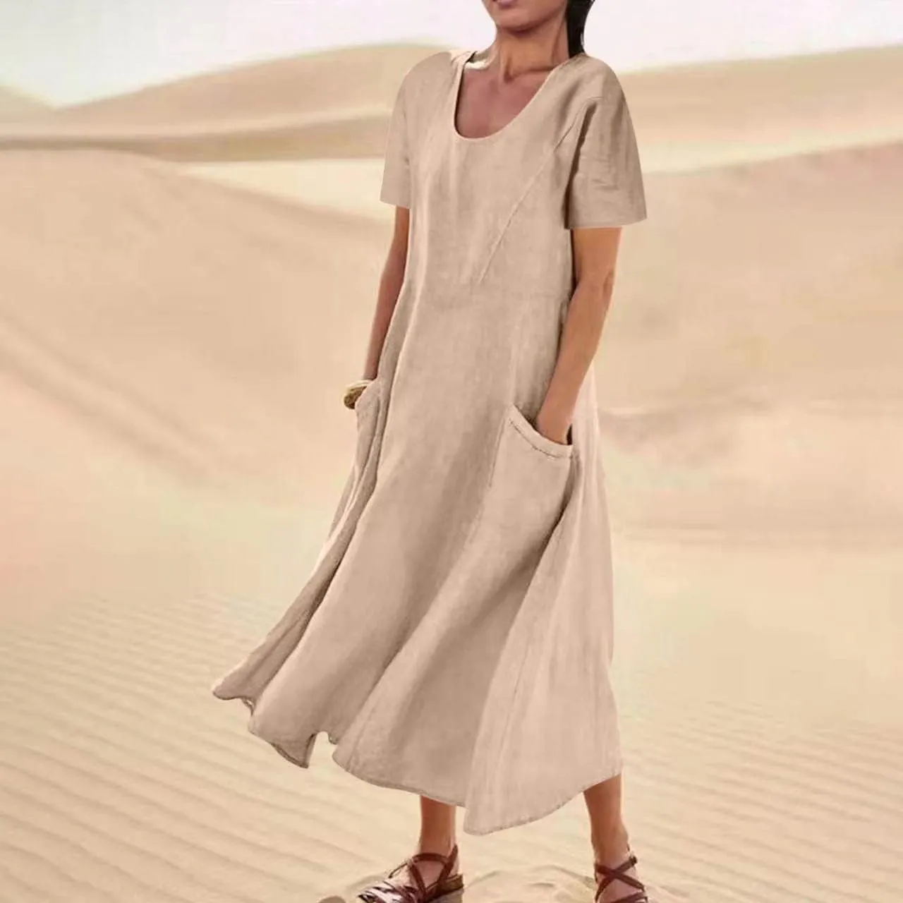 Summer Linen Dresses for Women 2025 Short Sleeve Round Neck Beach Vacation Casual Maxi Dresses Sun Dress with Pockets