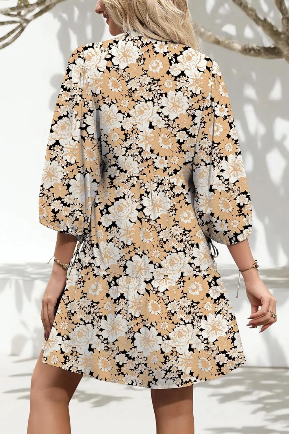 Summer Mini Dresses Casual V Neck Drawstring Button Down 3/4 Sleeve Boho Floral Flowy Beach Shirt Dress Pockets