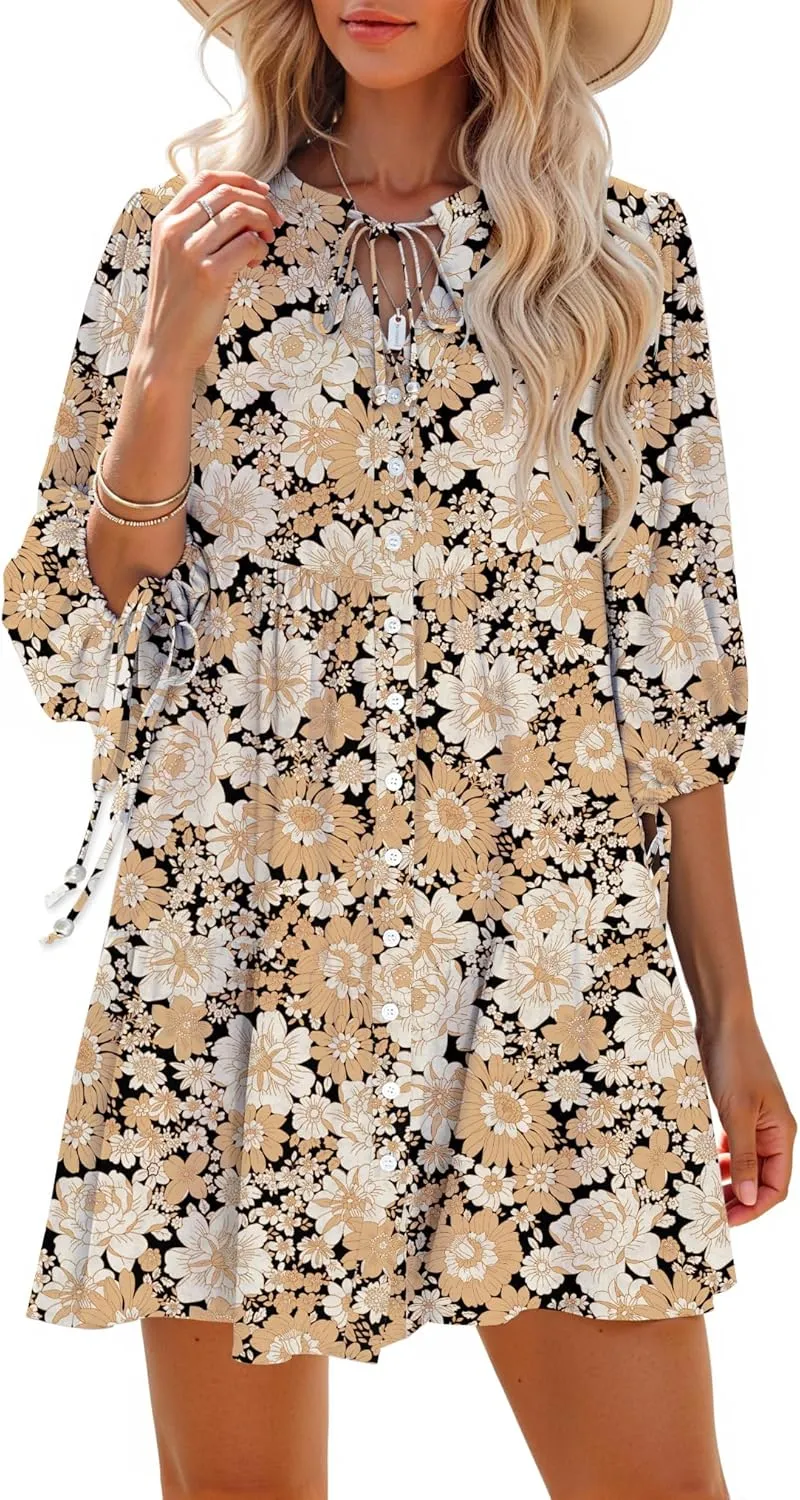 Summer Mini Dresses Casual V Neck Drawstring Button Down 3/4 Sleeve Boho Floral Flowy Beach Shirt Dress Pockets