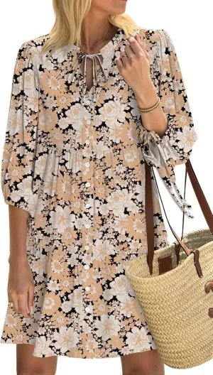 Summer Mini Dresses Casual V Neck Drawstring Button Down 3/4 Sleeve Boho Floral Flowy Beach Shirt Dress Pockets
