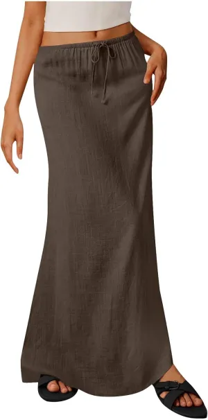 Summer Skirts for Women 2025 Casual Soft Drawstring Maxi Linen Skirt Vacation Travel Beach Long Skirt with Pockets