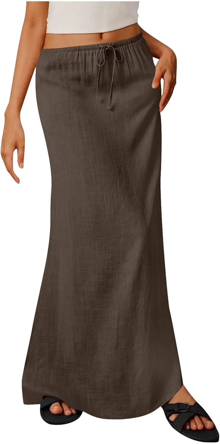Summer Skirts for Women 2025 Casual Soft Drawstring Maxi Linen Skirt Vacation Travel Beach Long Skirt with Pockets
