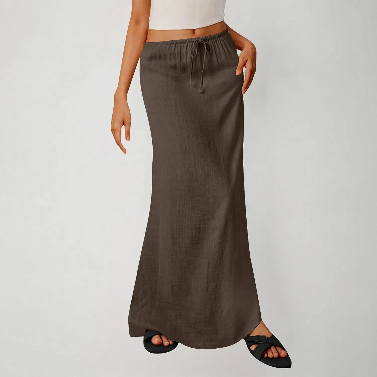 Summer Skirts for Women 2025 Casual Soft Drawstring Maxi Linen Skirt Vacation Travel Beach Long Skirt with Pockets