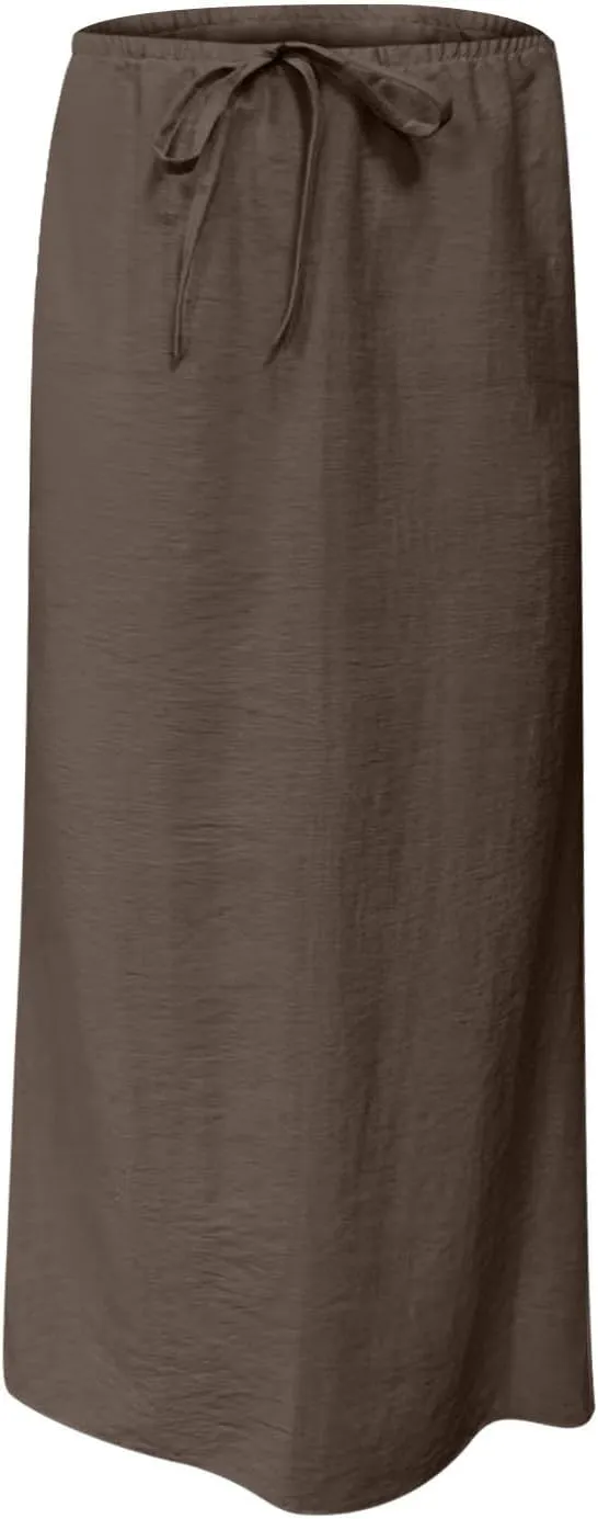 Summer Skirts for Women 2025 Casual Soft Drawstring Maxi Linen Skirt Vacation Travel Beach Long Skirt with Pockets