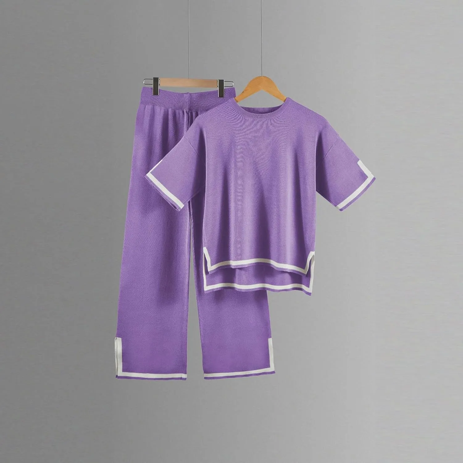 Sweater Sets Women 2 Piece Lounge Sets Short Sleeve Knit Pullover Cropped Tops Wide Leg Pants Tracksuit Sweatsuits