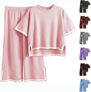 Sweater Sets Women 2 Piece Lounge Sets Short Sleeve Knit Pullover Cropped Tops Wide Leg Pants Tracksuit Sweatsuits