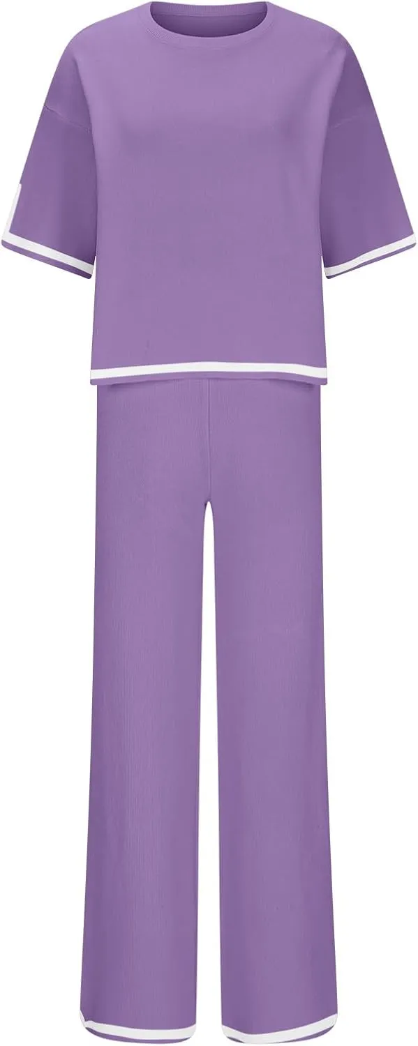 Sweater Sets Women 2 Piece Lounge Sets Short Sleeve Knit Pullover Cropped Tops Wide Leg Pants Tracksuit Sweatsuits