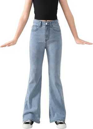 SweatyRocks Girl's Casual High Waist Solid Denim Pants Stretchy Flare Leg Jeans with Pocket