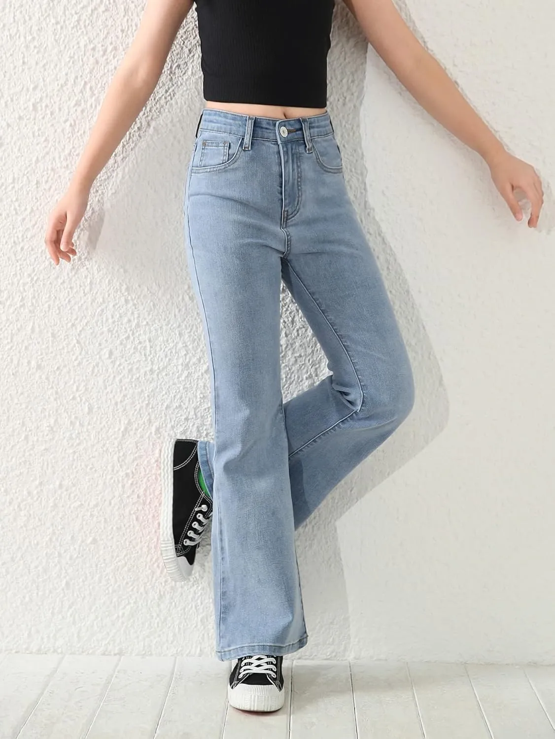 SweatyRocks Girl's Casual High Waist Solid Denim Pants Stretchy Flare Leg Jeans with Pocket