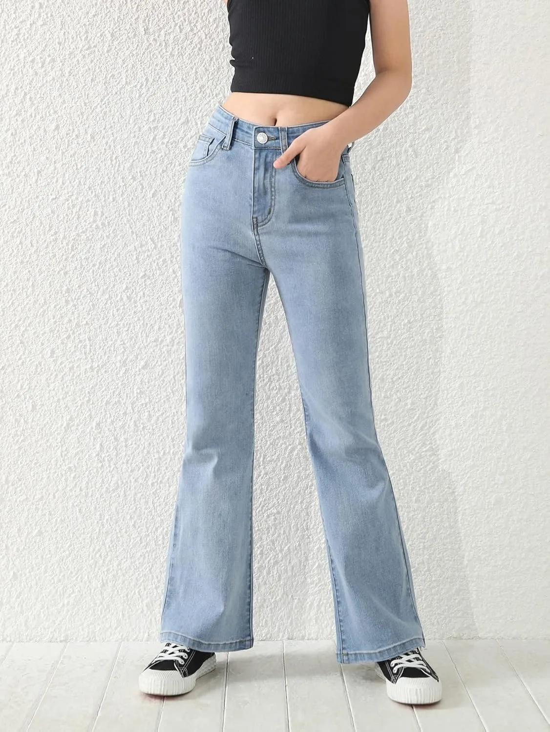 SweatyRocks Girl's Casual High Waist Solid Denim Pants Stretchy Flare Leg Jeans with Pocket