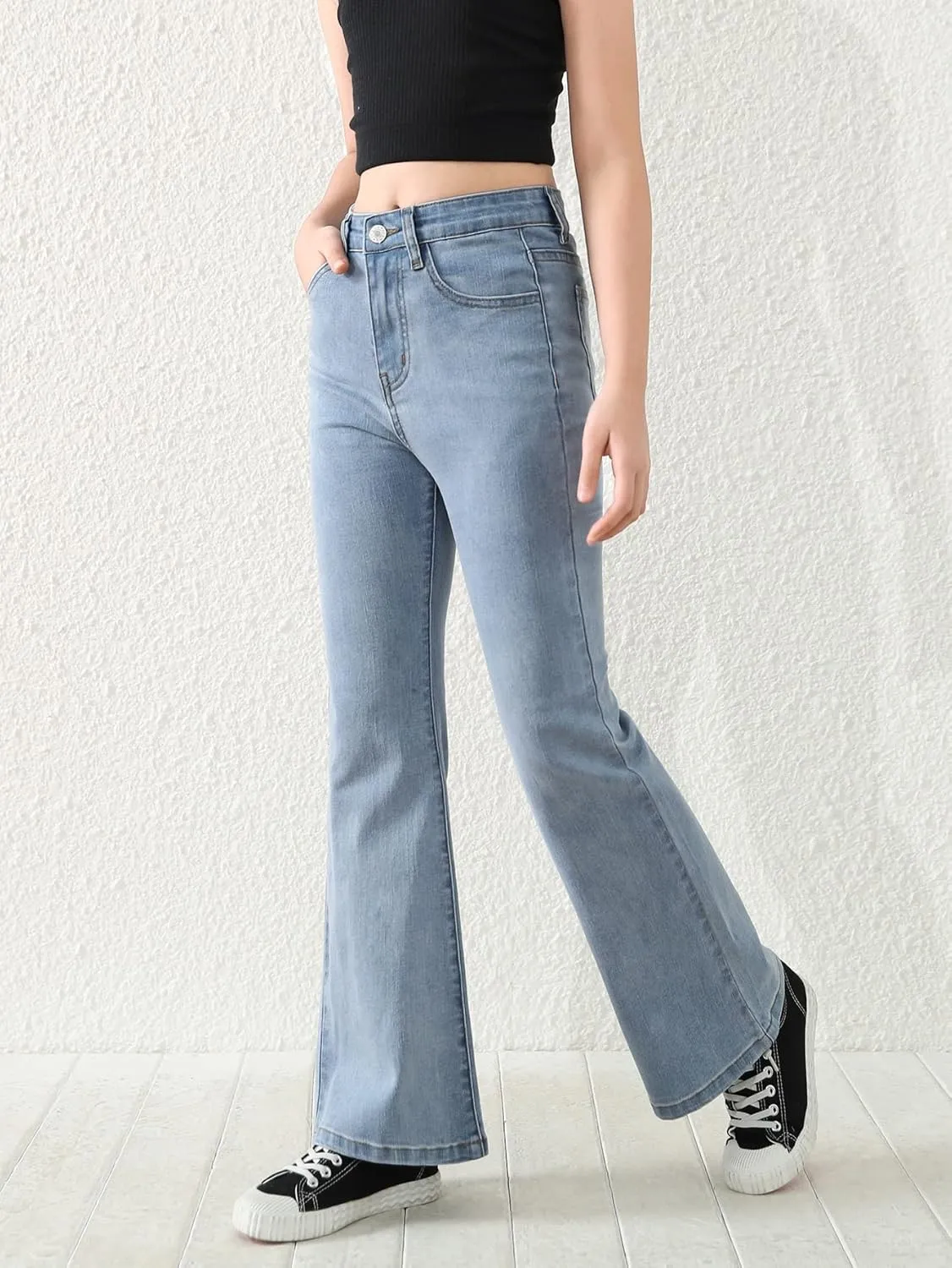 SweatyRocks Girl's Casual High Waist Solid Denim Pants Stretchy Flare Leg Jeans with Pocket