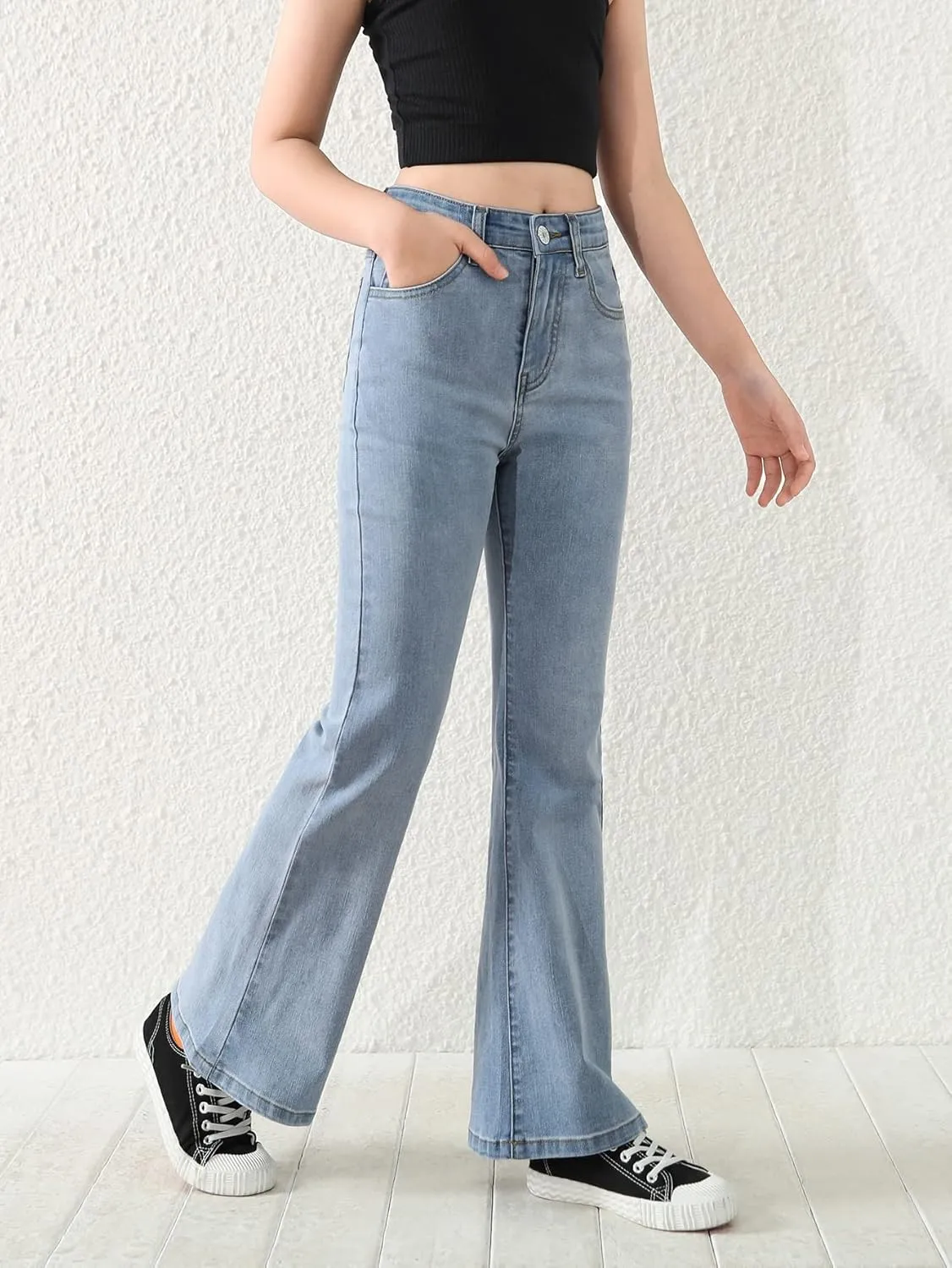 SweatyRocks Girl's Casual High Waist Solid Denim Pants Stretchy Flare Leg Jeans with Pocket