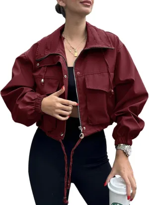 Tankaneo Womens Cropped Jacket Zip Up Lightweight Oversized Utility Anorak Coat with Pockets