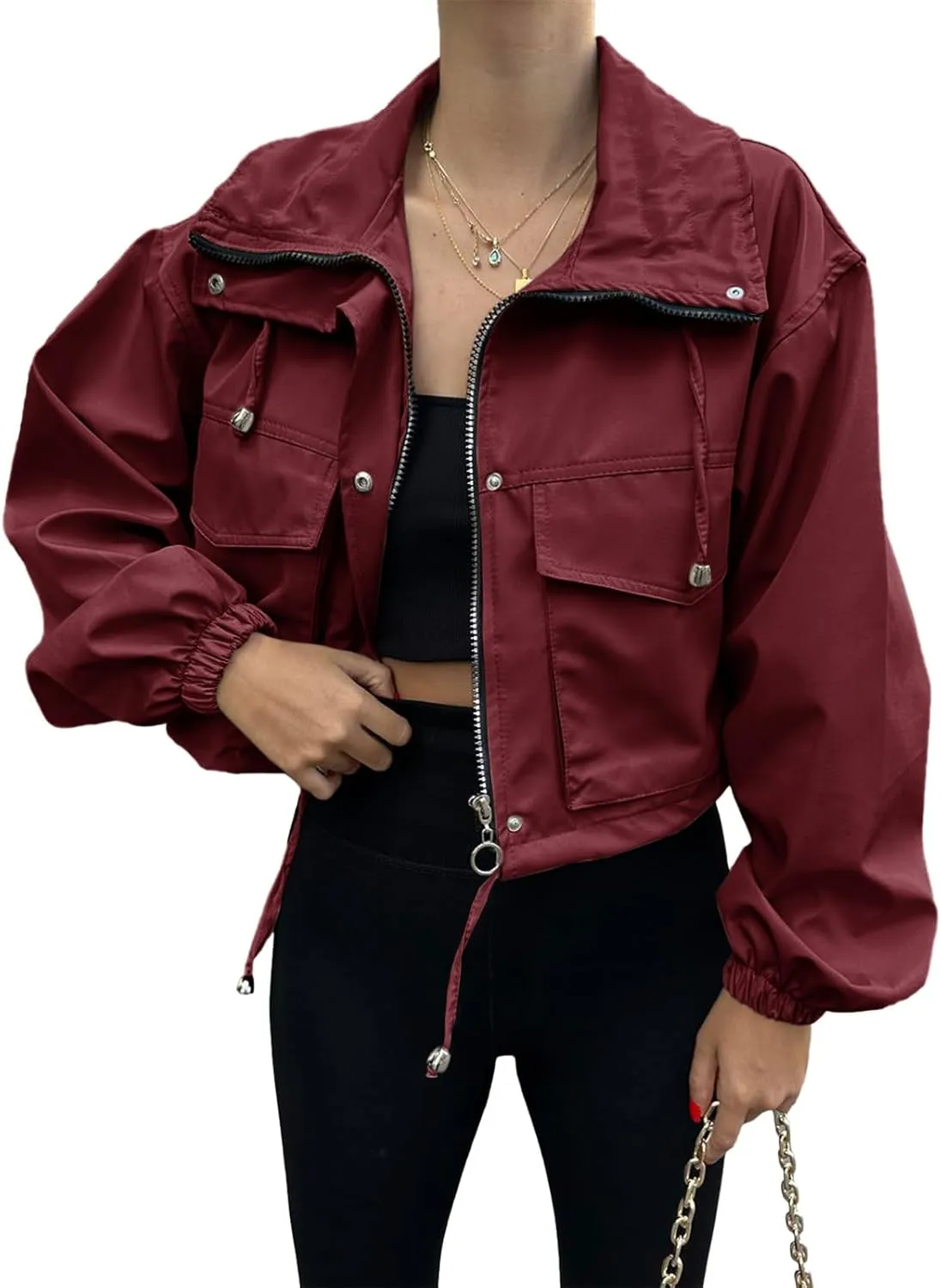 Tankaneo Womens Cropped Jacket Zip Up Lightweight Oversized Utility Anorak Coat with Pockets