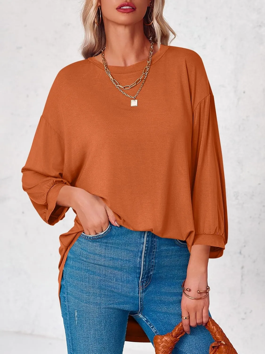 Tankaneo Womens Oversized T Shirts Summer Casual Loose Fit 3/4 Batwing Sleeve Tunic Tops with Leggings