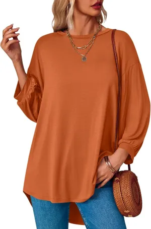 Tankaneo Womens Oversized T Shirts Summer Casual Loose Fit 3/4 Batwing Sleeve Tunic Tops with Leggings