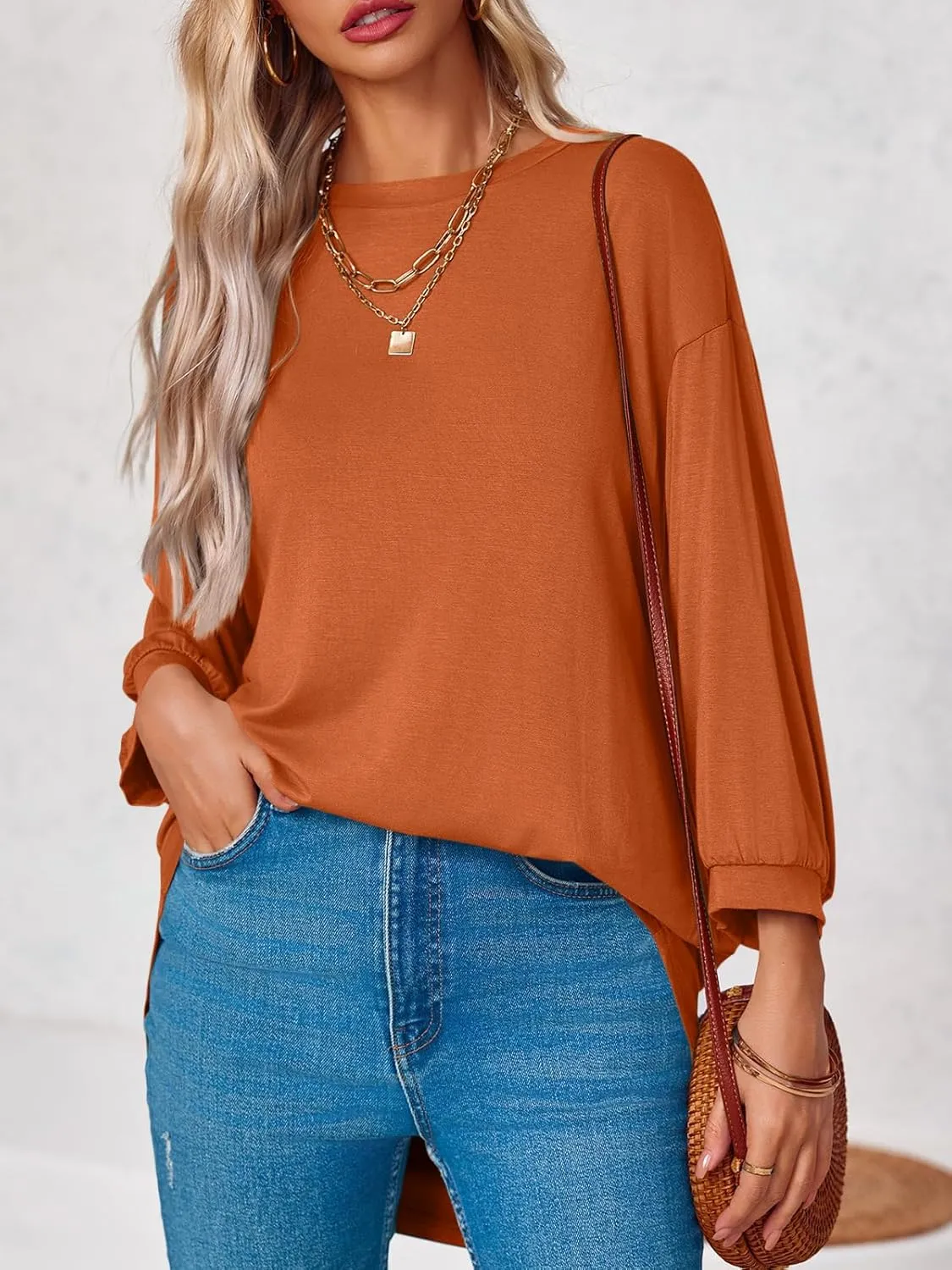 Tankaneo Womens Oversized T Shirts Summer Casual Loose Fit 3/4 Batwing Sleeve Tunic Tops with Leggings