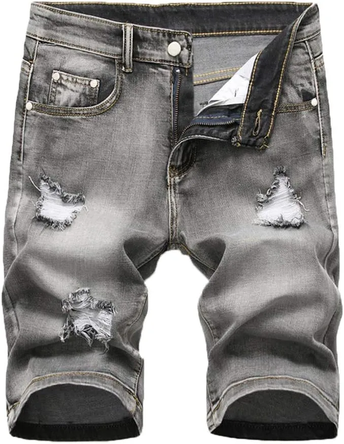 Tebreux Men's Ripped Short Jeans Distressed Classic Fit Denim Shorts Vintage Summer Pants