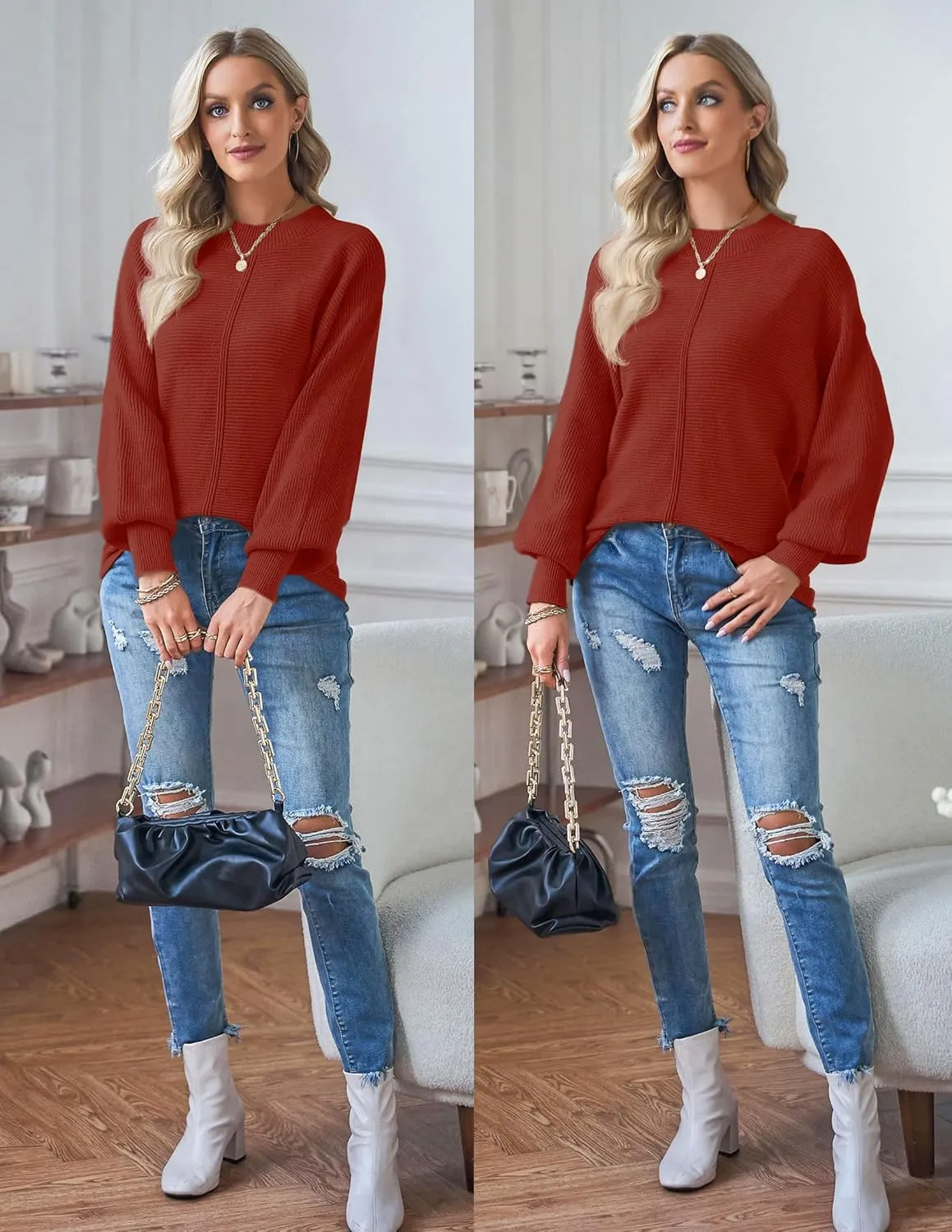 TECREW Women's Batwing Long Sleeve Crew Neck Pullover Sweater Soft Ribbed Knit Sweater Top