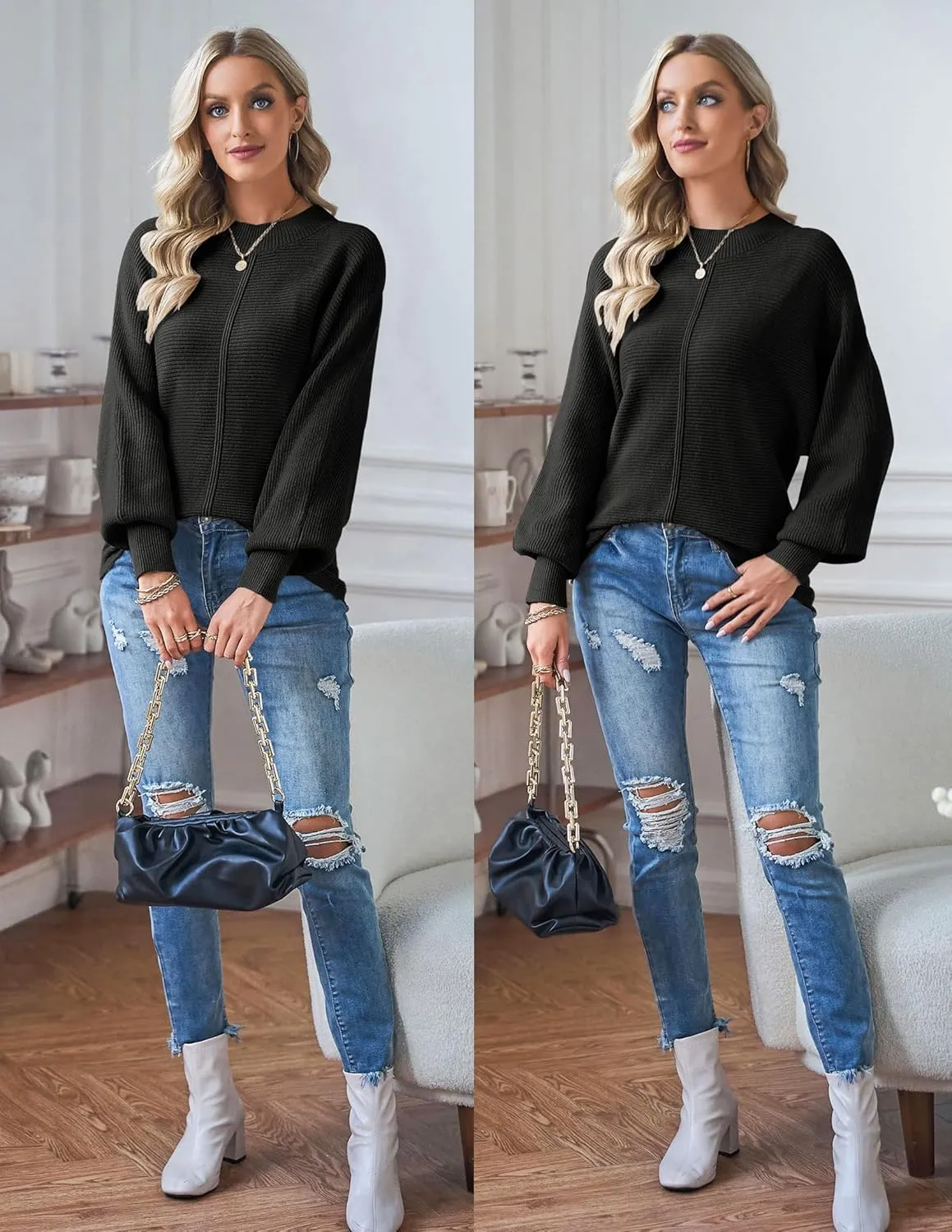 TECREW Women's Batwing Long Sleeve Crew Neck Pullover Sweater Soft Ribbed Knit Sweater Top