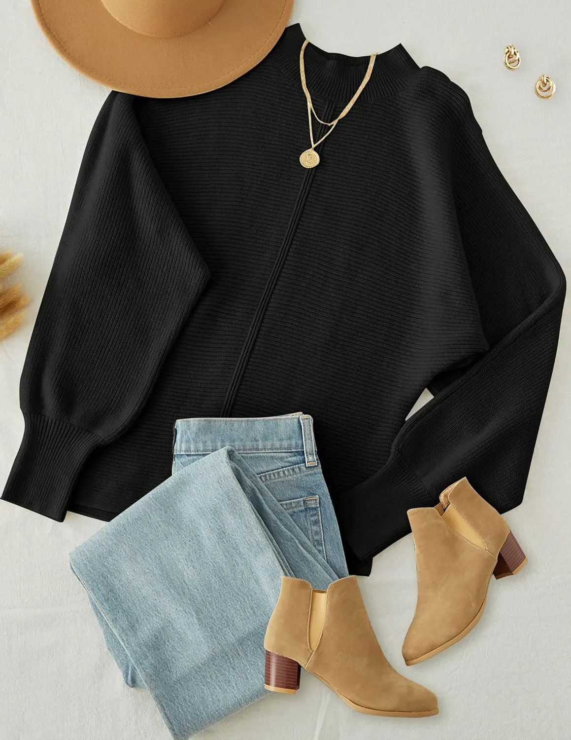 TECREW Women's Batwing Long Sleeve Crew Neck Pullover Sweater Soft Ribbed Knit Sweater Top