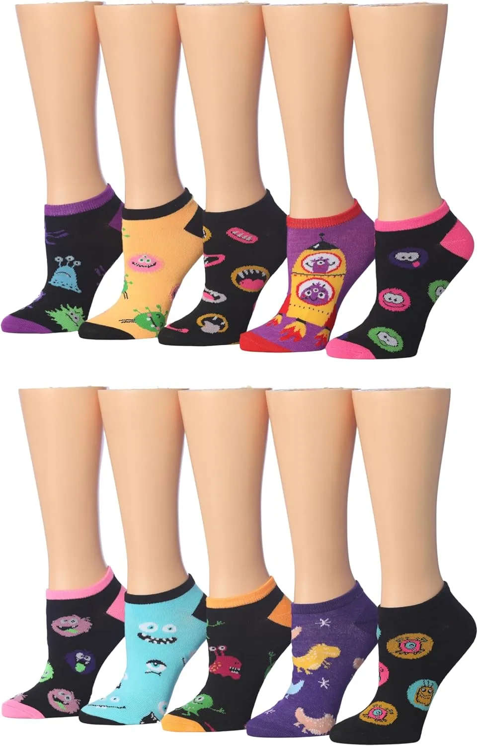 Tipi Toe Women's 10 Pairs Crazy Unique Colorful Fun Patterned Low Cut/No Show Socks