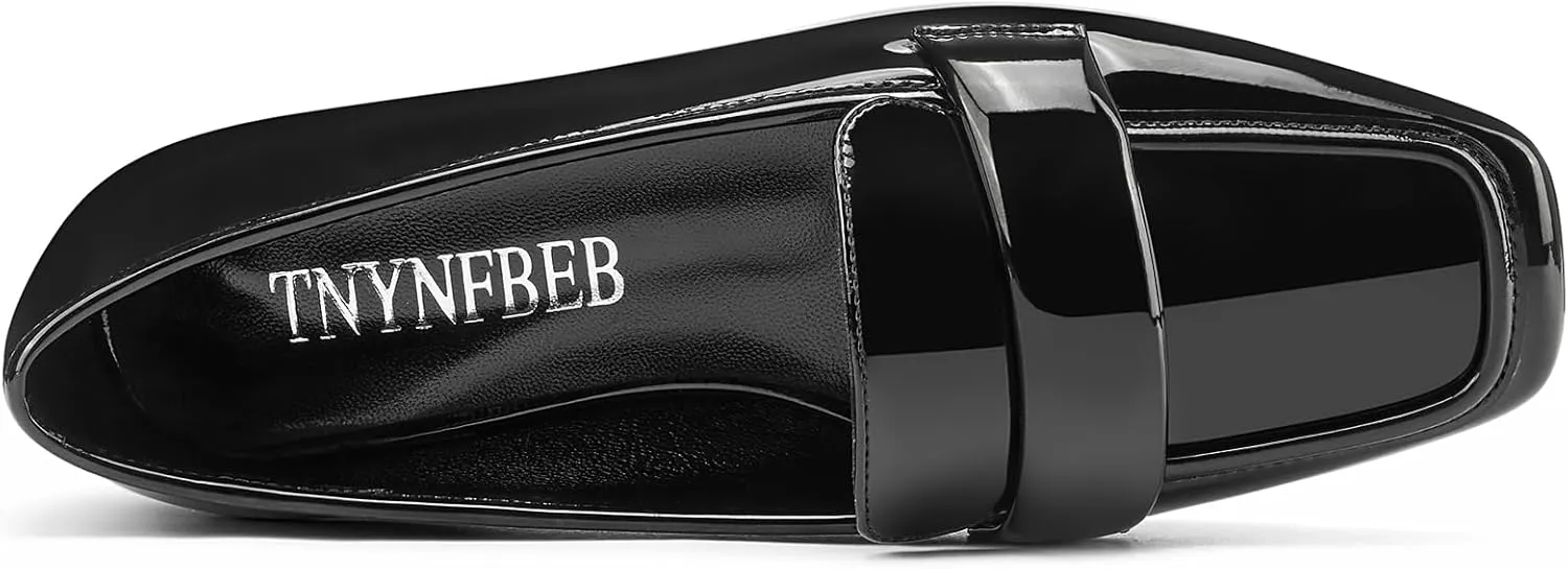 TNYNFBEB Womens Square Toe Low Heel Penny Loafers Shoes Patent Leather Comfortable Slip-on Work Business Flats Shoes