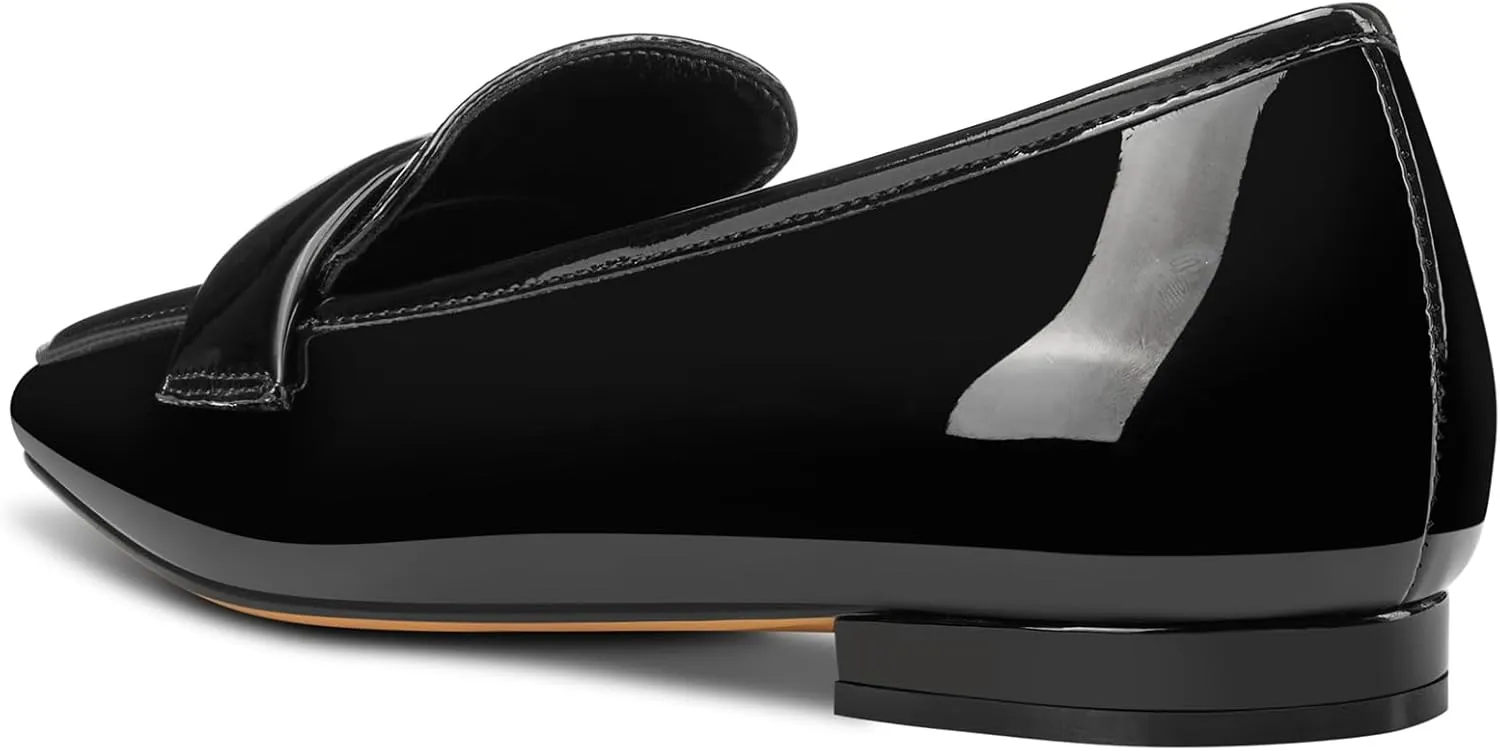 TNYNFBEB Womens Square Toe Low Heel Penny Loafers Shoes Patent Leather Comfortable Slip-on Work Business Flats Shoes