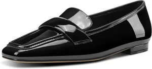 TNYNFBEB Womens Square Toe Low Heel Penny Loafers Shoes Patent Leather Comfortable Slip-on Work Business Flats Shoes