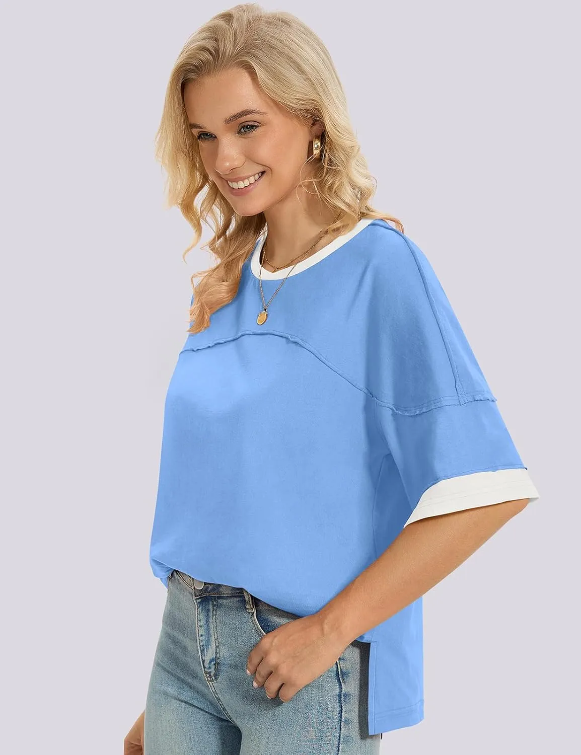 UEU Women's Short 3/4 Sleeve Oversized T Shirts Cotton Tops Summer Casual Tshirts Tee Basic Color Block Trendy Clothes