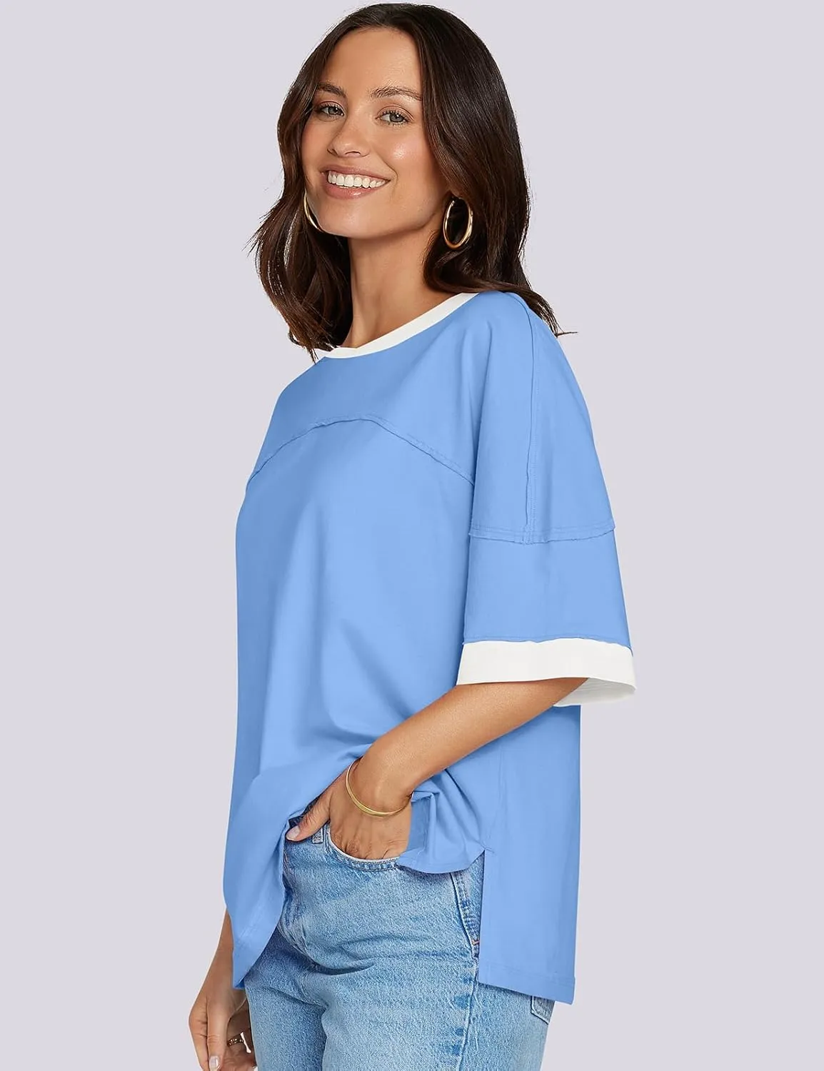 UEU Women's Short 3/4 Sleeve Oversized T Shirts Cotton Tops Summer Casual Tshirts Tee Basic Color Block Trendy Clothes