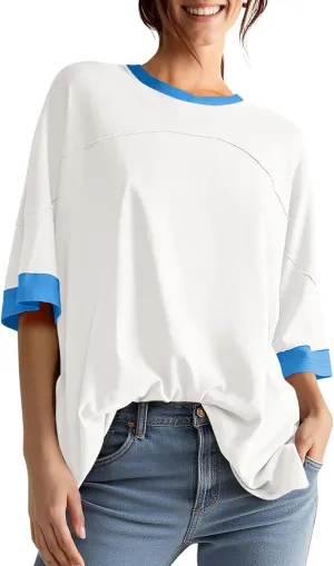 UEU Women's Short 3/4 Sleeve Oversized T Shirts Cotton Tops Summer Casual Tshirts Tee Basic Color Block Trendy Clothes