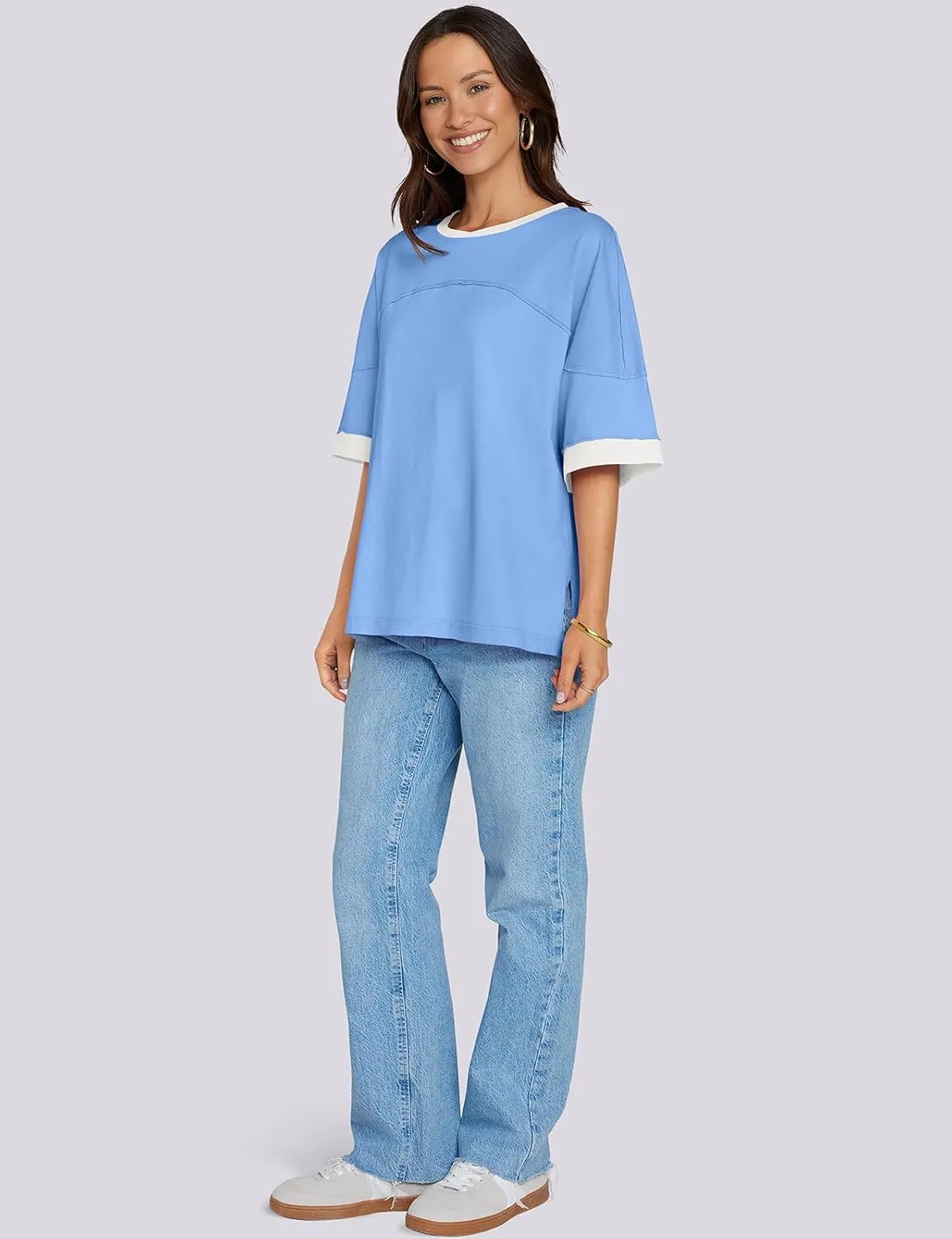 UEU Women's Short 3/4 Sleeve Oversized T Shirts Cotton Tops Summer Casual Tshirts Tee Basic Color Block Trendy Clothes