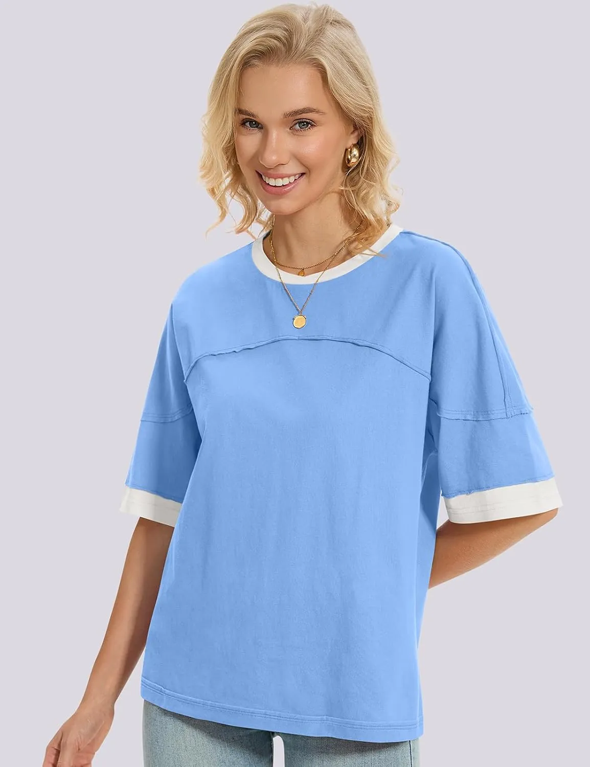 UEU Women's Short 3/4 Sleeve Oversized T Shirts Cotton Tops Summer Casual Tshirts Tee Basic Color Block Trendy Clothes