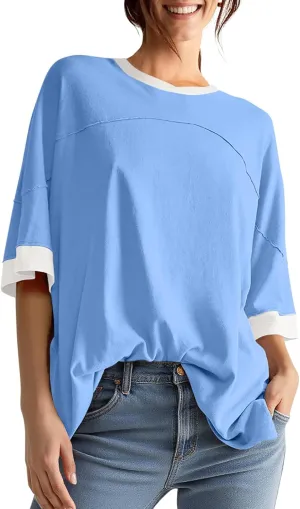 UEU Women's Short 3/4 Sleeve Oversized T Shirts Cotton Tops Summer Casual Tshirts Tee Basic Color Block Trendy Clothes