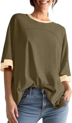 UEU Women's Short 3/4 Sleeve Oversized T Shirts Cotton Tops Summer Casual Tshirts Tee Basic Color Block Trendy Clothes