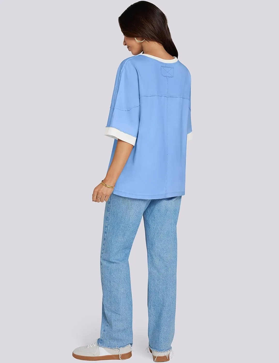 UEU Women's Short 3/4 Sleeve Oversized T Shirts Cotton Tops Summer Casual Tshirts Tee Basic Color Block Trendy Clothes