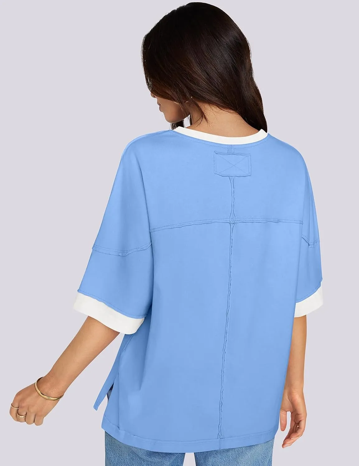 UEU Women's Short 3/4 Sleeve Oversized T Shirts Cotton Tops Summer Casual Tshirts Tee Basic Color Block Trendy Clothes