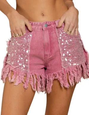 Unilexi Womens Fashion Ripped Fringe Jeans Shorts High Waisted Sequins Distressed Frayed Denim Shorts