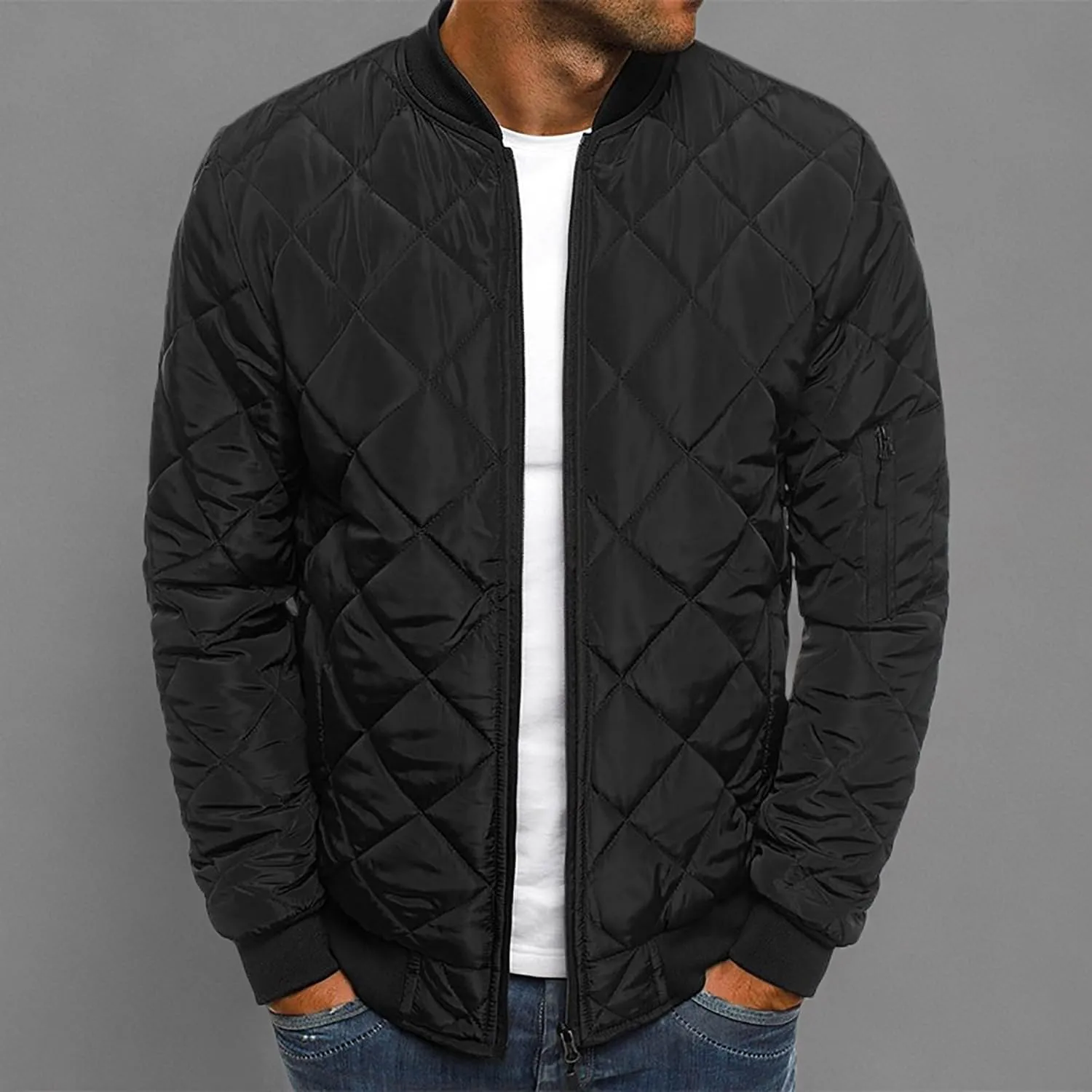 utcoco Mens Quilted Jacket Stand Collar Zip Up Casual Lightweight Down Jacket Winter Coat
