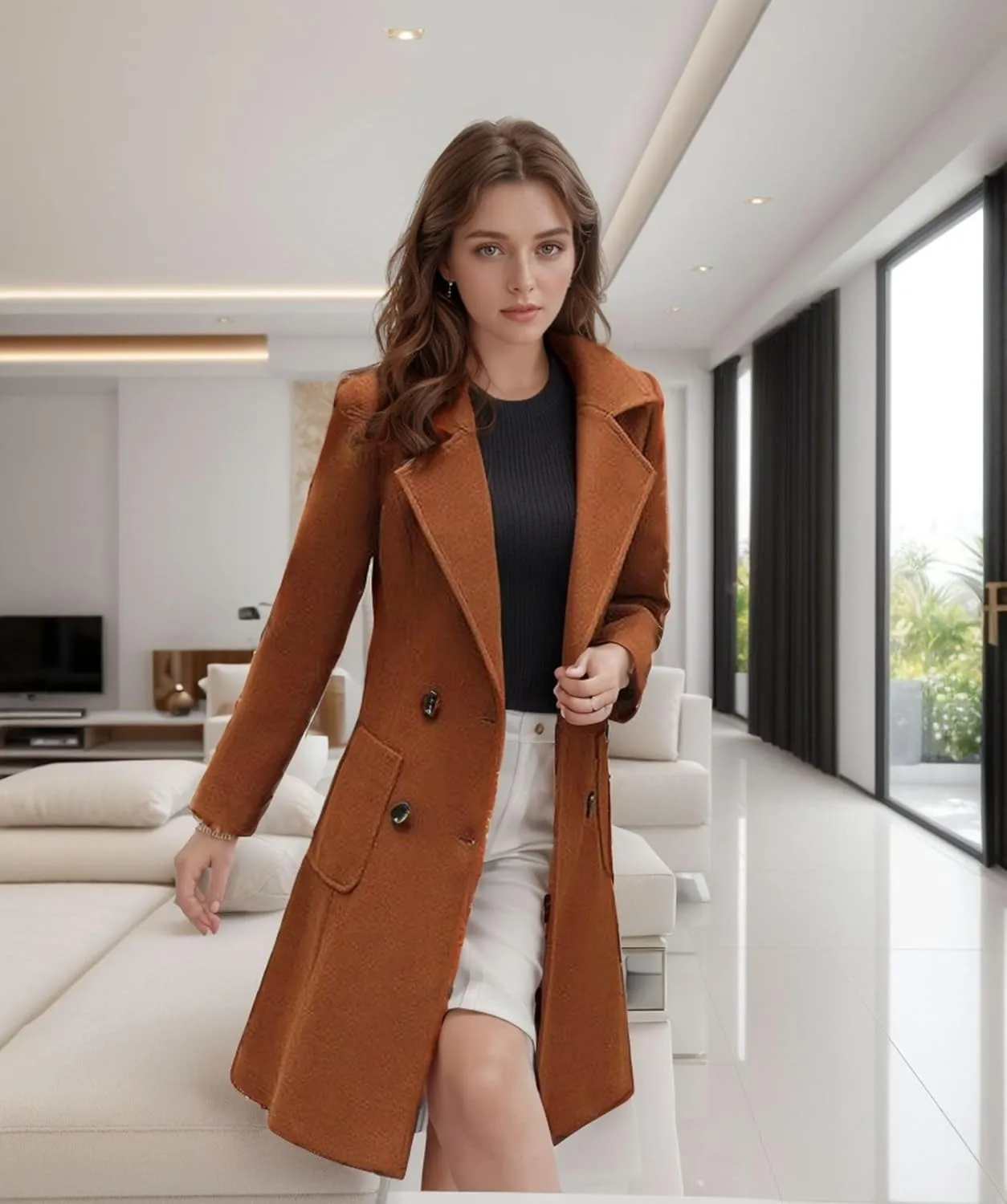utcoco Women's Elegant Wool Blend Mid-Long Coat Notch Lapel Double Breasted Jacket Outwear