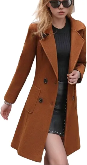 utcoco Women's Elegant Wool Blend Mid-Long Coat Notch Lapel Double Breasted Jacket Outwear