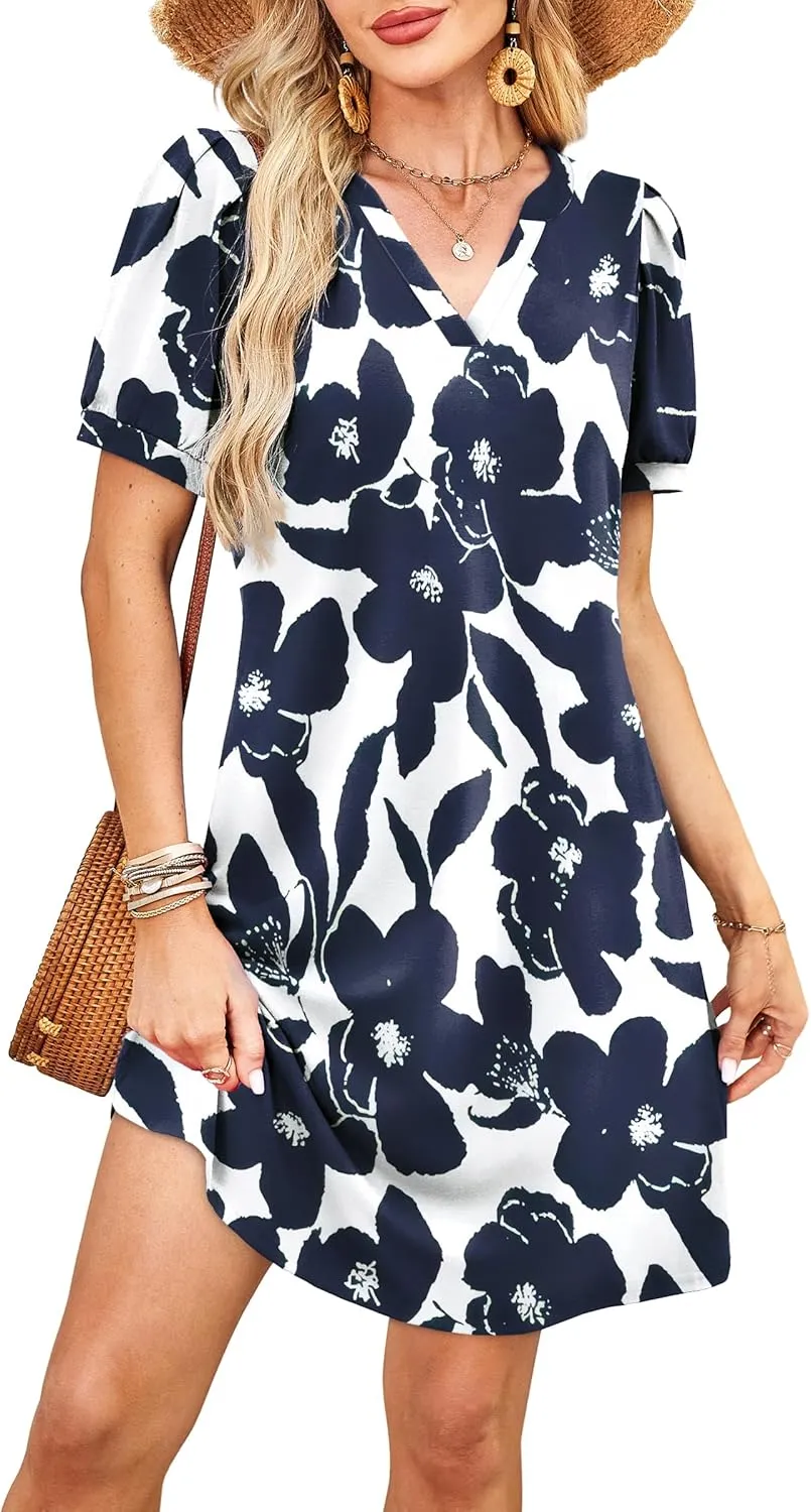 V-Neck Summer Casual Sundress for Women- Puff Short Sleeve Swing Beach Dress with Pockets
