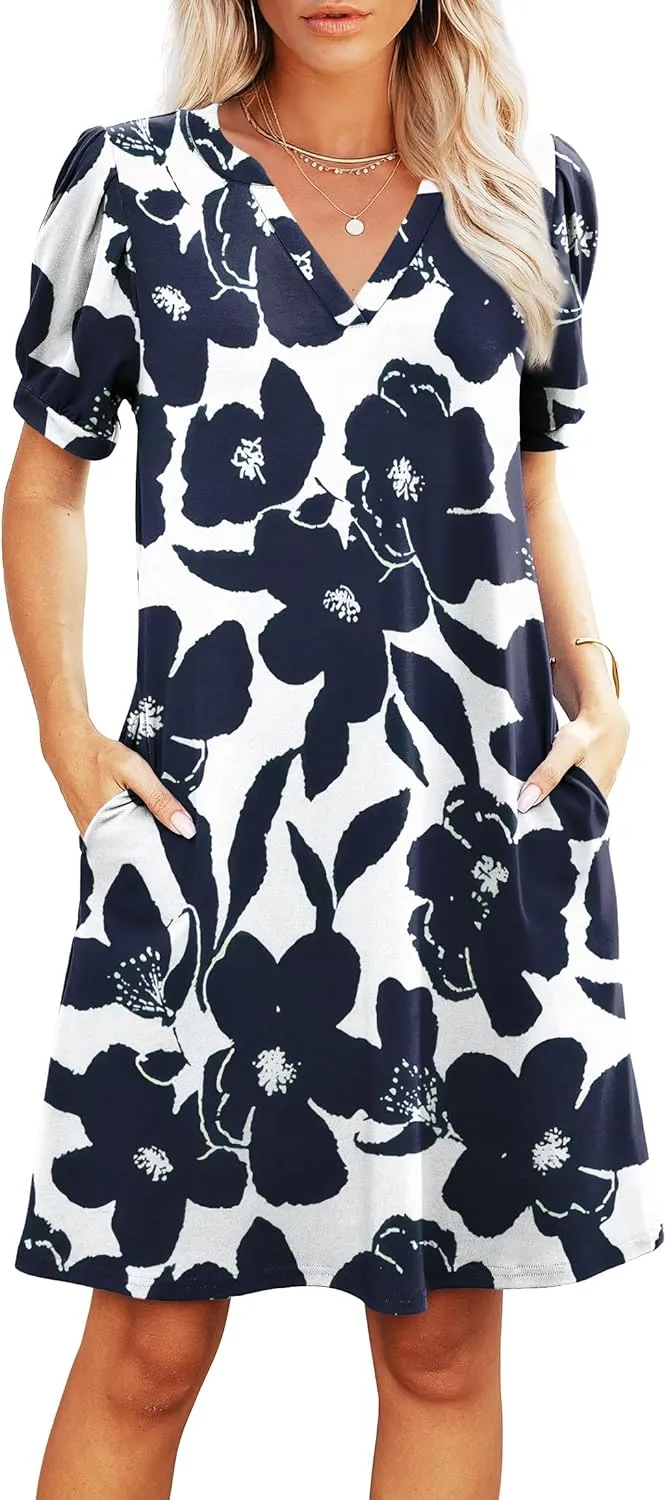 V-Neck Summer Casual Sundress for Women- Puff Short Sleeve Swing Beach Dress with Pockets