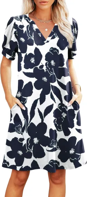 V-Neck Summer Casual Sundress for Women- Puff Short Sleeve Swing Beach Dress with Pockets